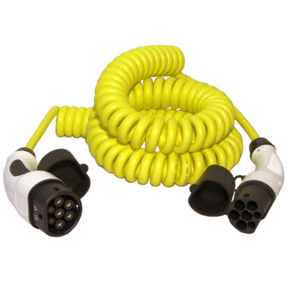 Gespiraliseerde kabel voor het laden van auto's met een type 2 ('Mennekes') aansluiting. Beschikbaarbaar in 4 lengten.